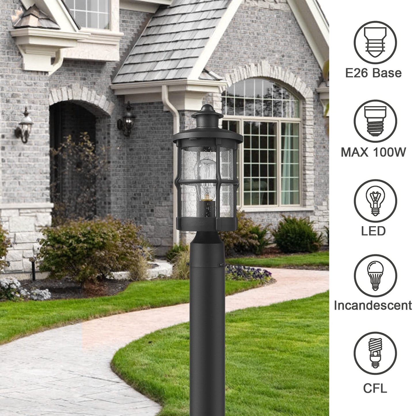 Rosient Outdoor Post Lights, Exterior Post Sconce, Outdoor Lamp, Pathway Post Lighting Fixture, Patio Pillar Light in Black Finish with Seeded Glass