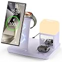 Alarm Clock Charging Station for Bedrooms, Wireless Watch Charger for Samsung Watch 8/7/6, Wireless Charging Station with Night Light Bedside Clock