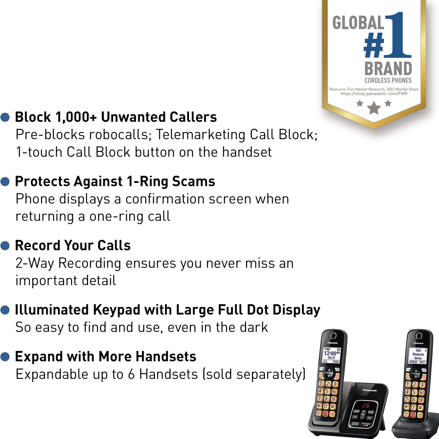Panasonic Cordless Phone with Answering Machine, Advanced Call Block, Bilingual Caller ID and High-Contrast Display, Expandable System with 2 Handset