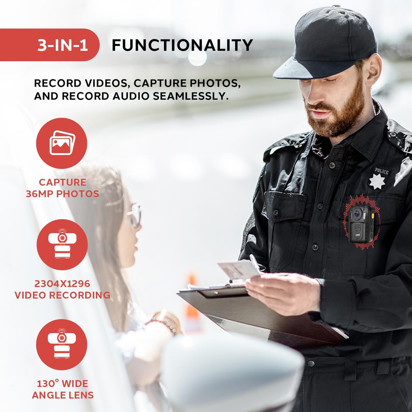 Police Security Video Compact Camera - HD 2304x1296p Rechargeable Wireless Waterproof Wearable Law Enforcement Mini Surveillance Cam, Audio Video