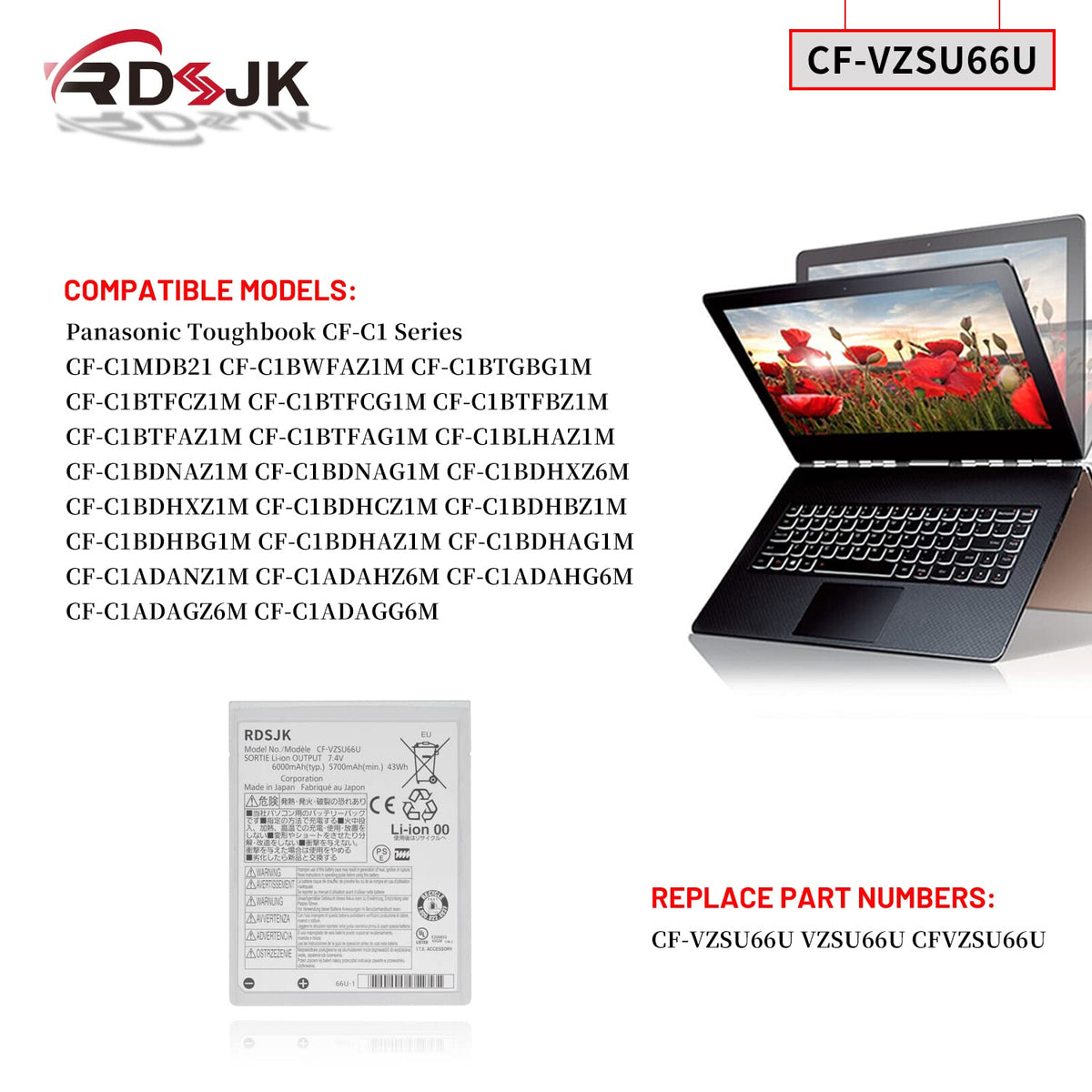 RDSJ CF-VZSU66U Laptop Battery for Panasonic Toughbook CF-C1 MK1 MK2 CFC1 CF-C1MDB21 CF-C1BWFAZ1M CF-C1AD06GDE CF-C1BDNAG1M CF-C1ADAGG6M CF-C1BTGBG1M