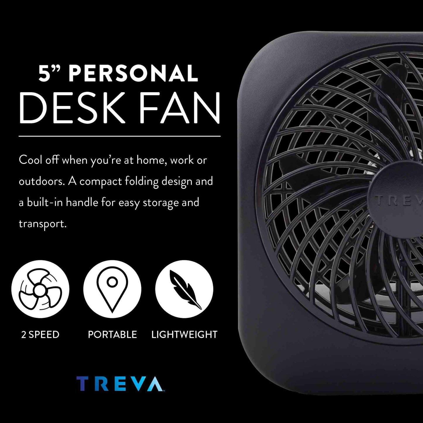 O2COOL Treva 5 in Portable Battery Powered Desk Fan 2-Speed Black 2-Pack