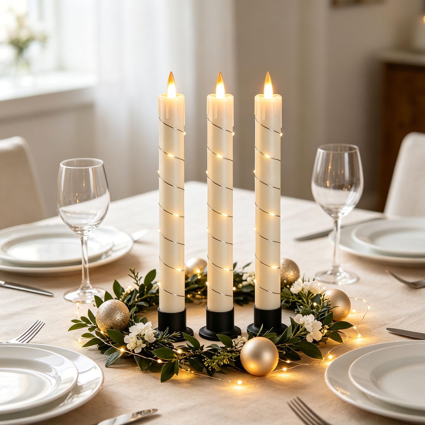 3 Pack Ivory Dripping Wax Flameless Candles, Realistic Dynamic Flame LED Taper Candles with Surrounding Fairy String Lights, Remote Control Battery