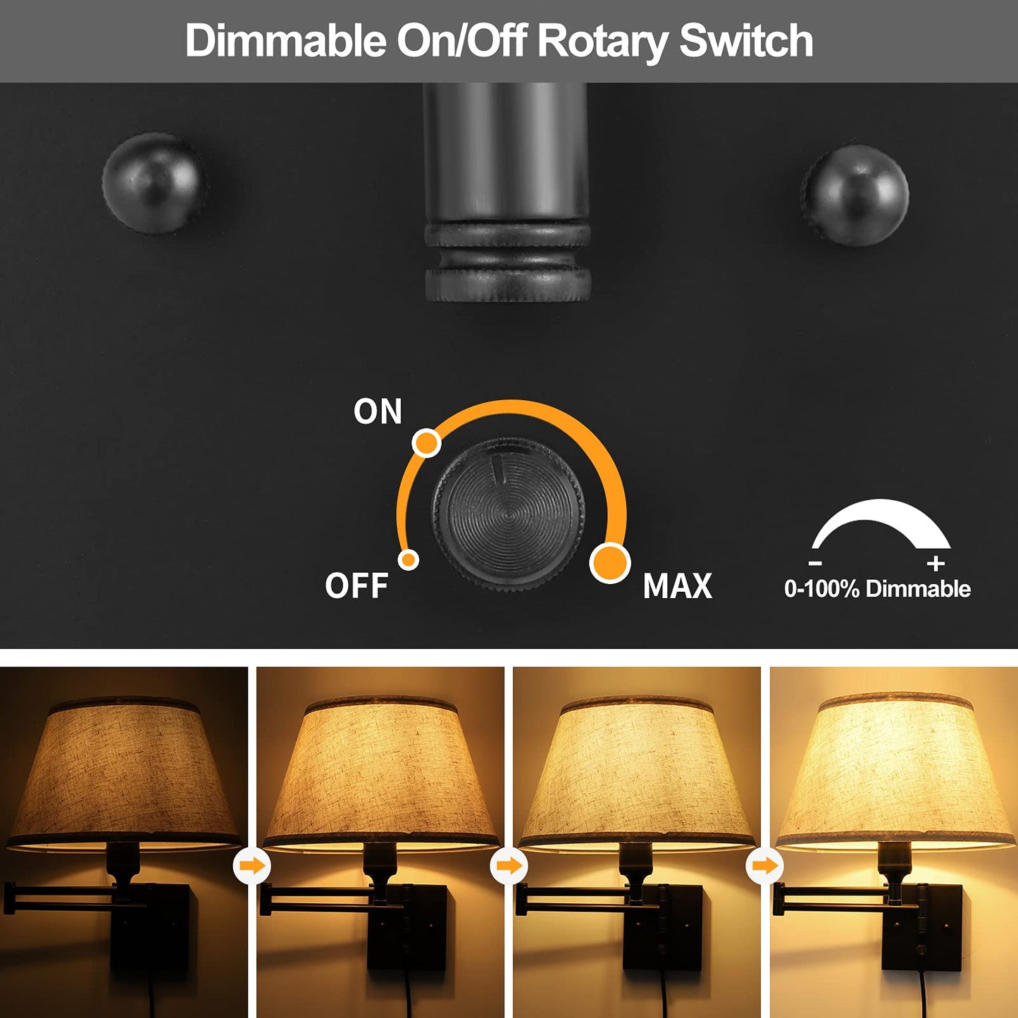 TRLIFE Dimmable Wall Sconce Plug in, Wall Sconces Set of Two Swing Arm Wall Lights with Plug in Cord and On/Off Dimmer Rotary Switch, 11.8" Large