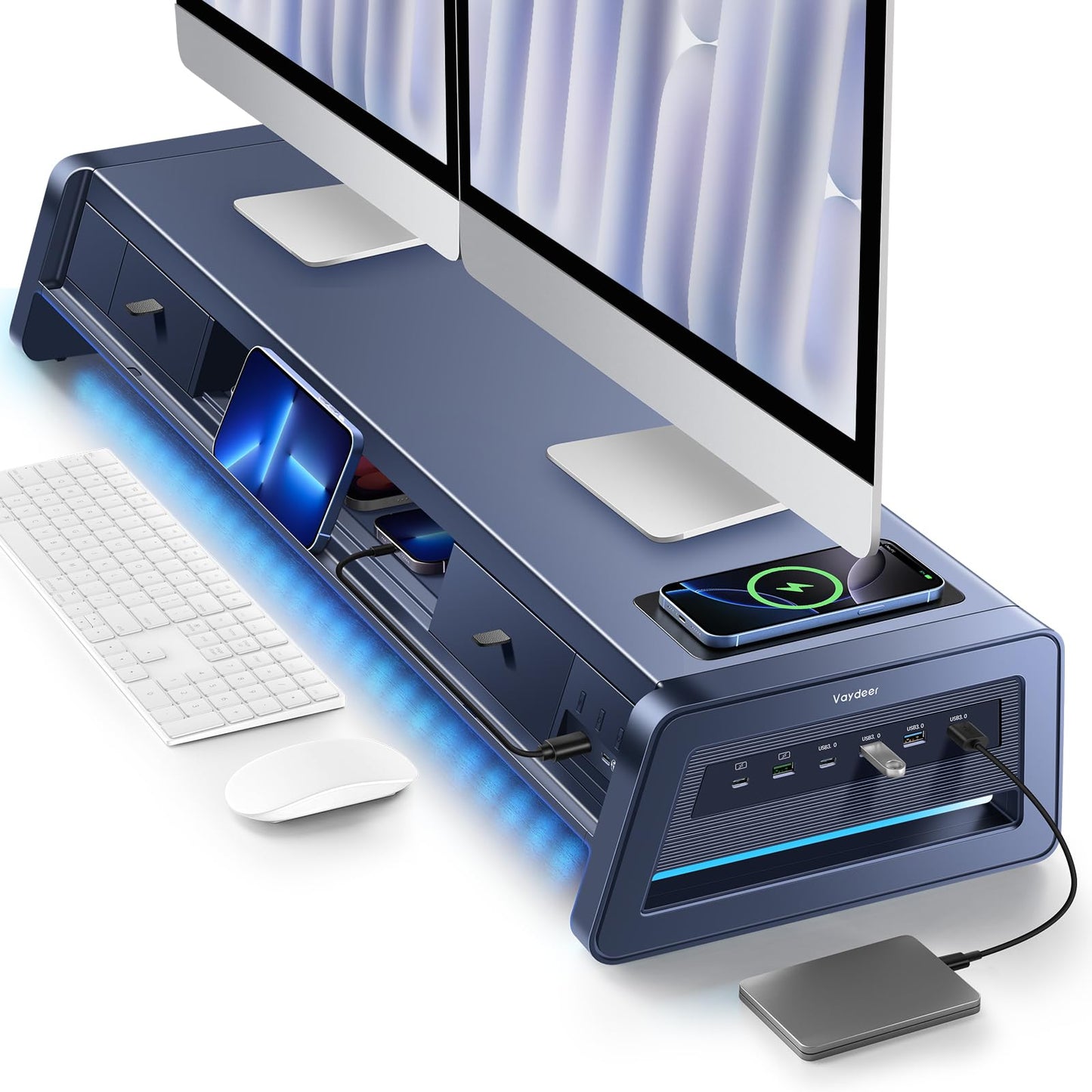 Vaydeer All-in-One Dual Monitor Stand Riser with 2 Drawers, 8USB Ports and Wireless Charging Pad with LED Light Strip for 2 Monitors , Desk Organizer