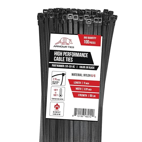 11-inch Black Zip Ties Heavy Duty UV Resistant Nylon Cable Ties, 50lb Tensile Strength, 100-Pack - Durable Wire Ties, Heavy Duty Tie Straps Indoor