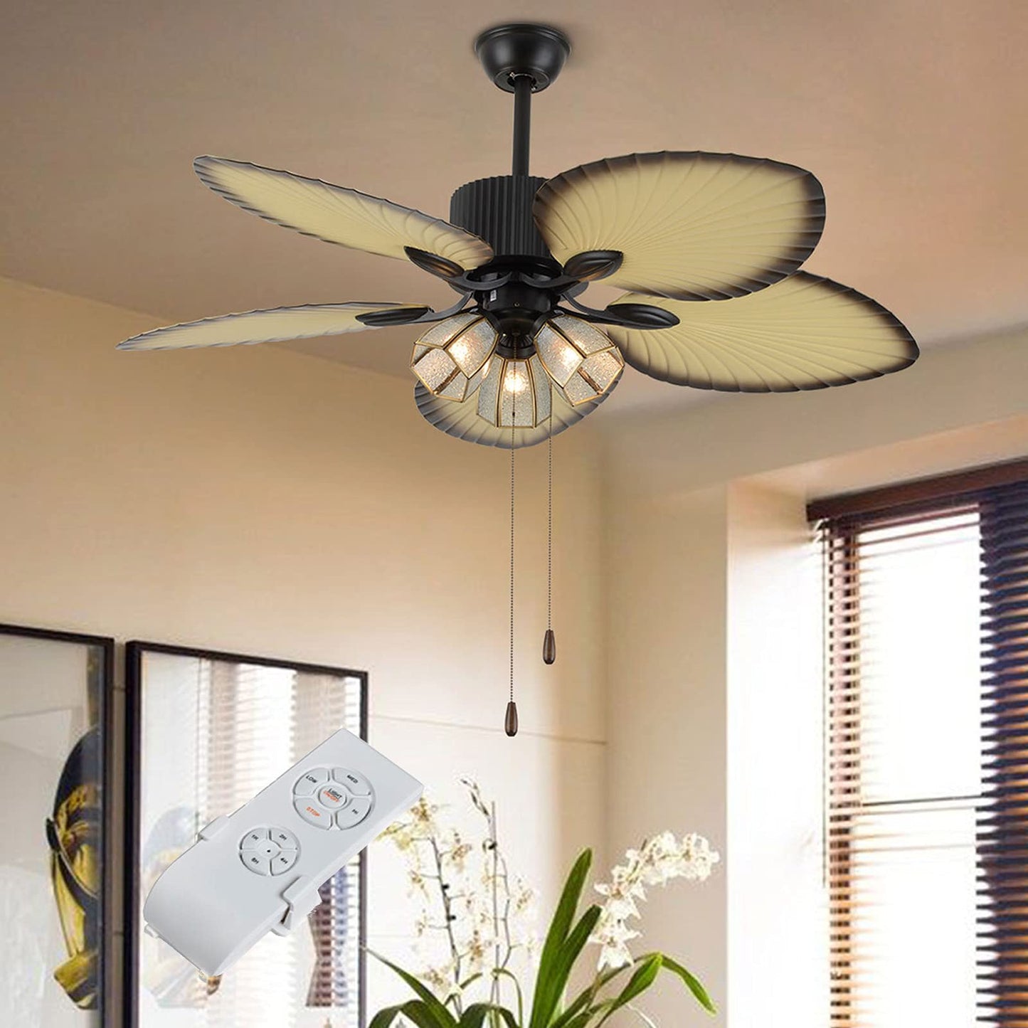 DYRABREST 52" Palm Island Ceiling Fan,3 Speed Tropical Ceiling Fan with Remote Control,5 Reversible Wood Blade,3 Crystals Lampshade (Type 1)