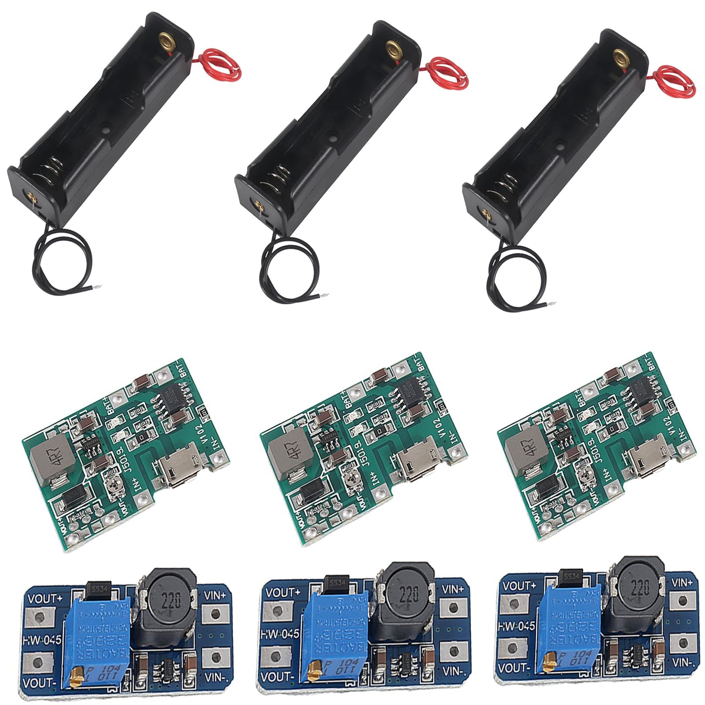 3PCS 18650 Lithium Li-ion Battery Charger Module with 1-Slot 18650 Battery Holder and MT3608 DC-DC Adjustable Boost Module 2A