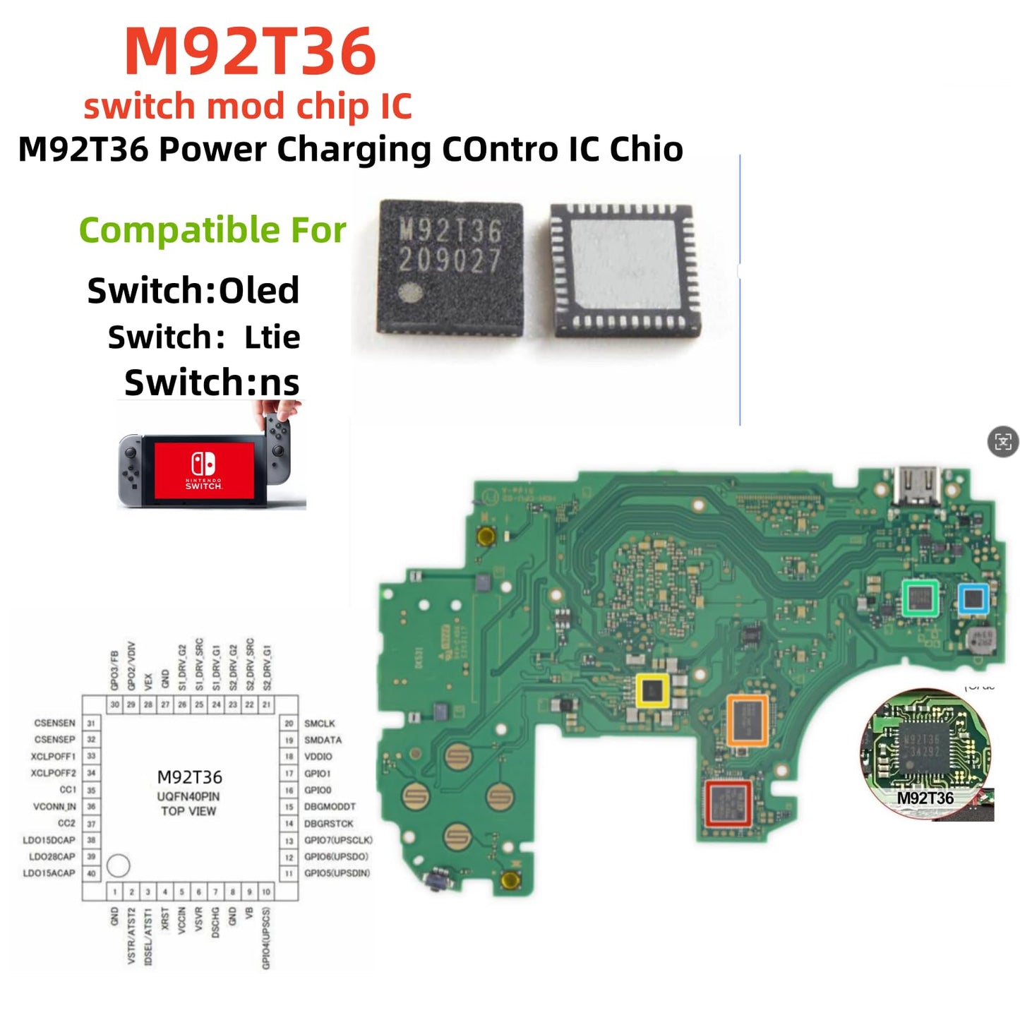 Hailue 2pcs M92T36 USB-C Charging Contro IC Chip, Suitable Nintendo for Switch Chip IC.Oled Lite Mod Motherboards Switch Chip IC.Game Console