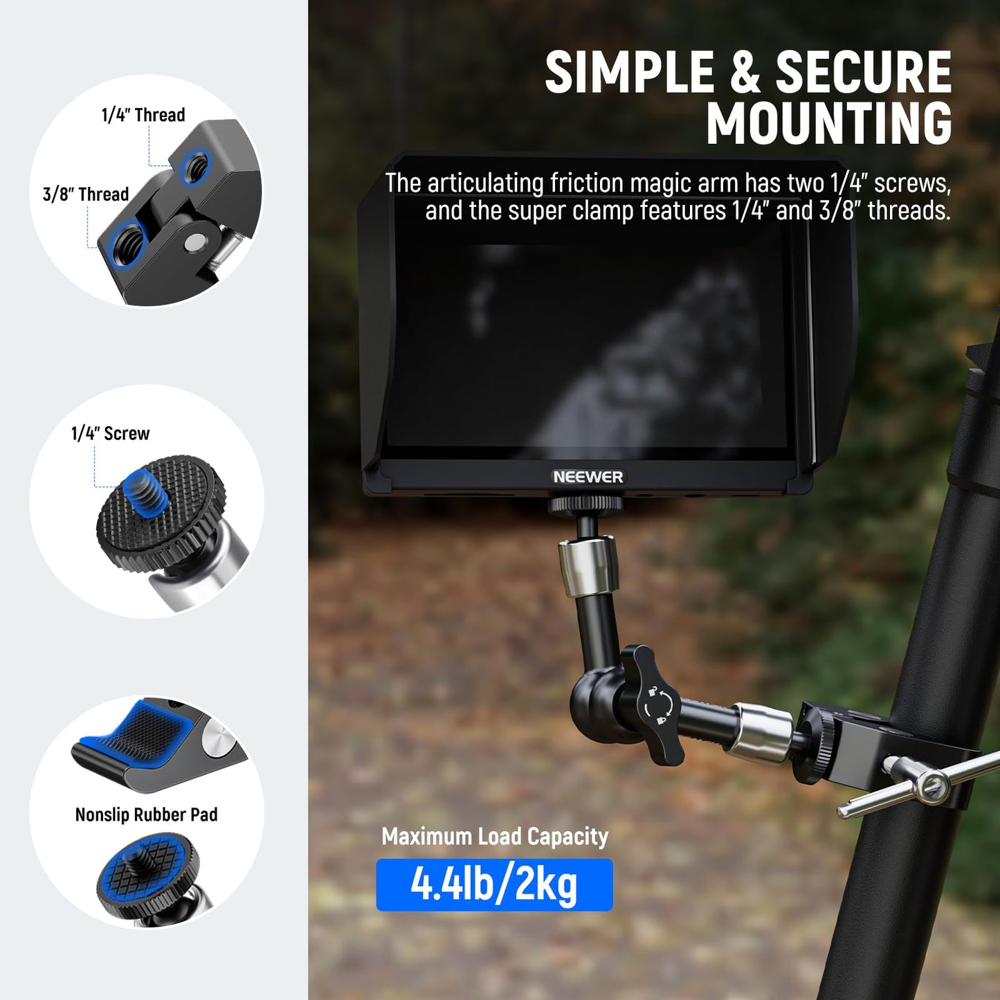 NEEWER 6"/15cm Adjustable Magic Arm with Super Clamp, 1/4" & 3/8" Threads, 1/4" Screws for Flash/LED Light/Microphone/Monitor, Compatible