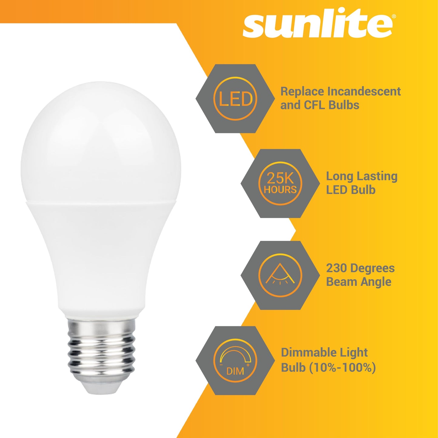 Sunlite LED A19 Light Bulb, 11 Watts (75W Equivalent), 1100 Lmns, 120V, Dimmable, Medium E26 Base, 90 CRI, 230 Degree Beam Angle, UL Listed, Title-20