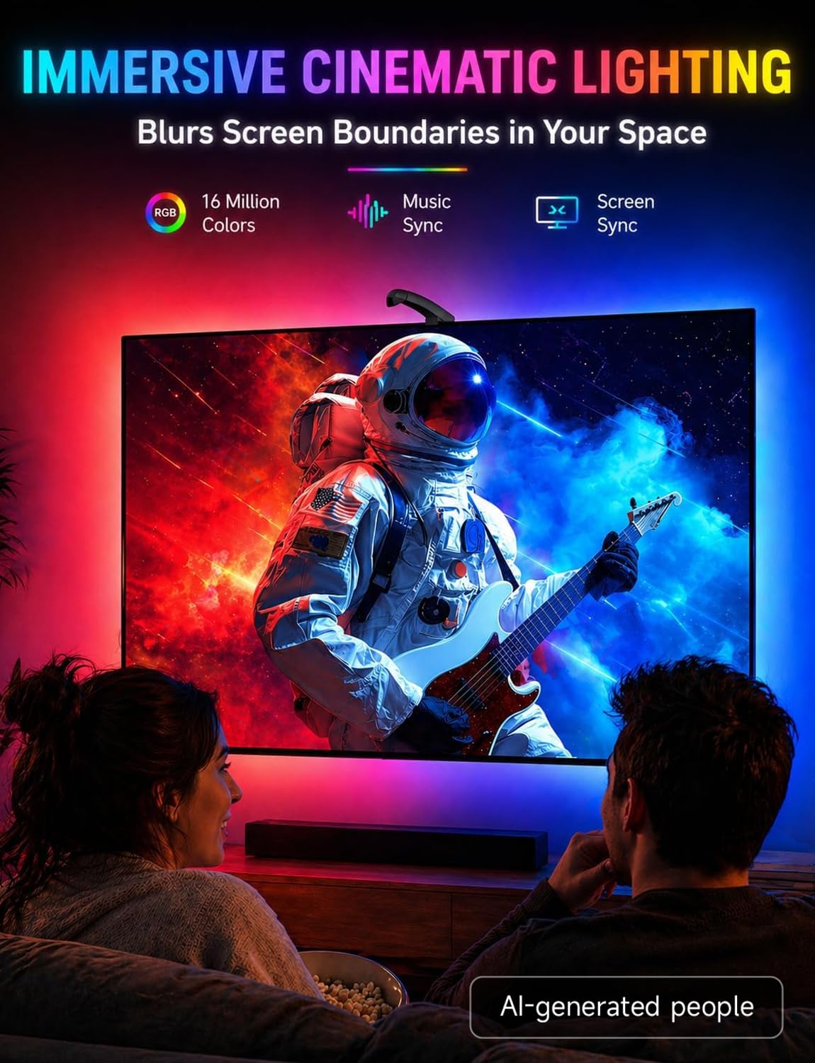 QTU TV Backlight Sync to Screen with Sensor, 18ft RGB LED Light Strip for 75-85” Monitor, Smart App Control, Game & Music Sync Color Lighting