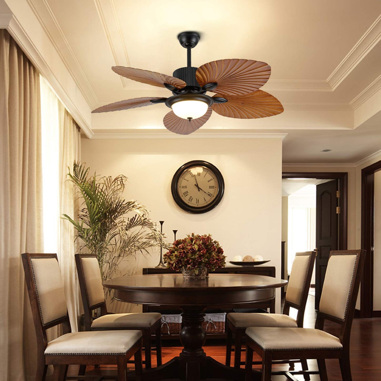 N/B 52 Inch Tropical Palm Leaf Ceiling Fan Chandelier Bedroom Living Room 5 Leaf Decorative Light Ceiling Lamp with Remote Control