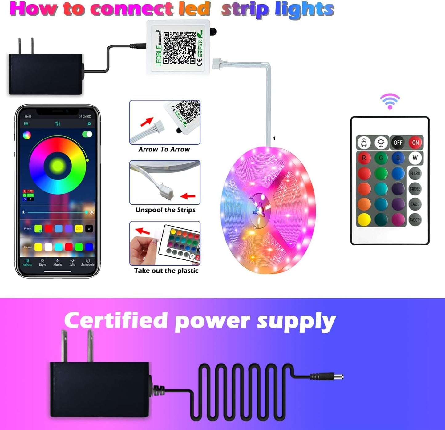 41FT Led Strip Lights,Long Smart Led Light Strips Music Sync 5050 RGB Color Changing Rope Lights,Bluetooth APP/IR Remote/Switch Box Control Led Lights
