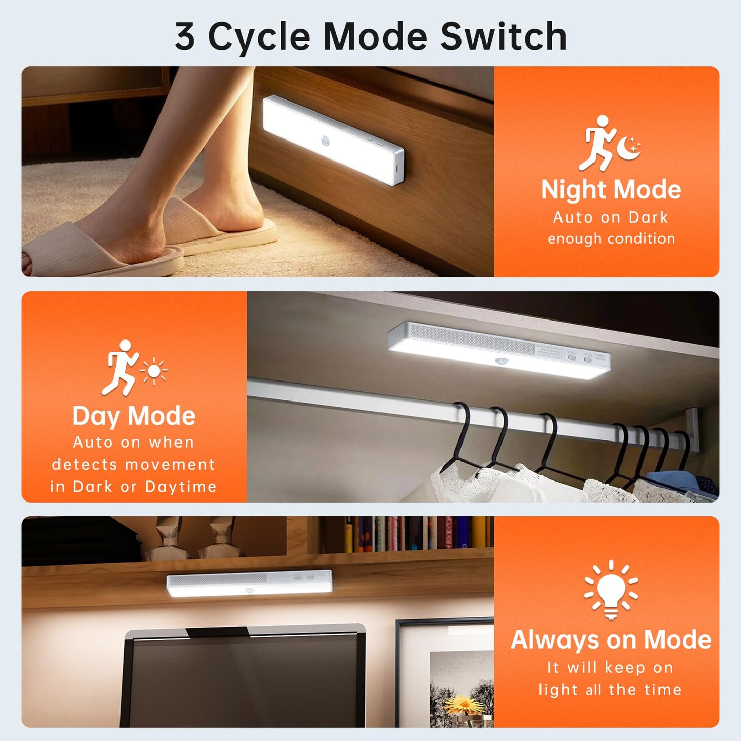 LED Closet Light with Charging Station, 6 Pcs 3 Color Temperatures 30LEDs Dimmer Rechargeable Motion Sensor Under Cabinet Lighting, Stick-on Night