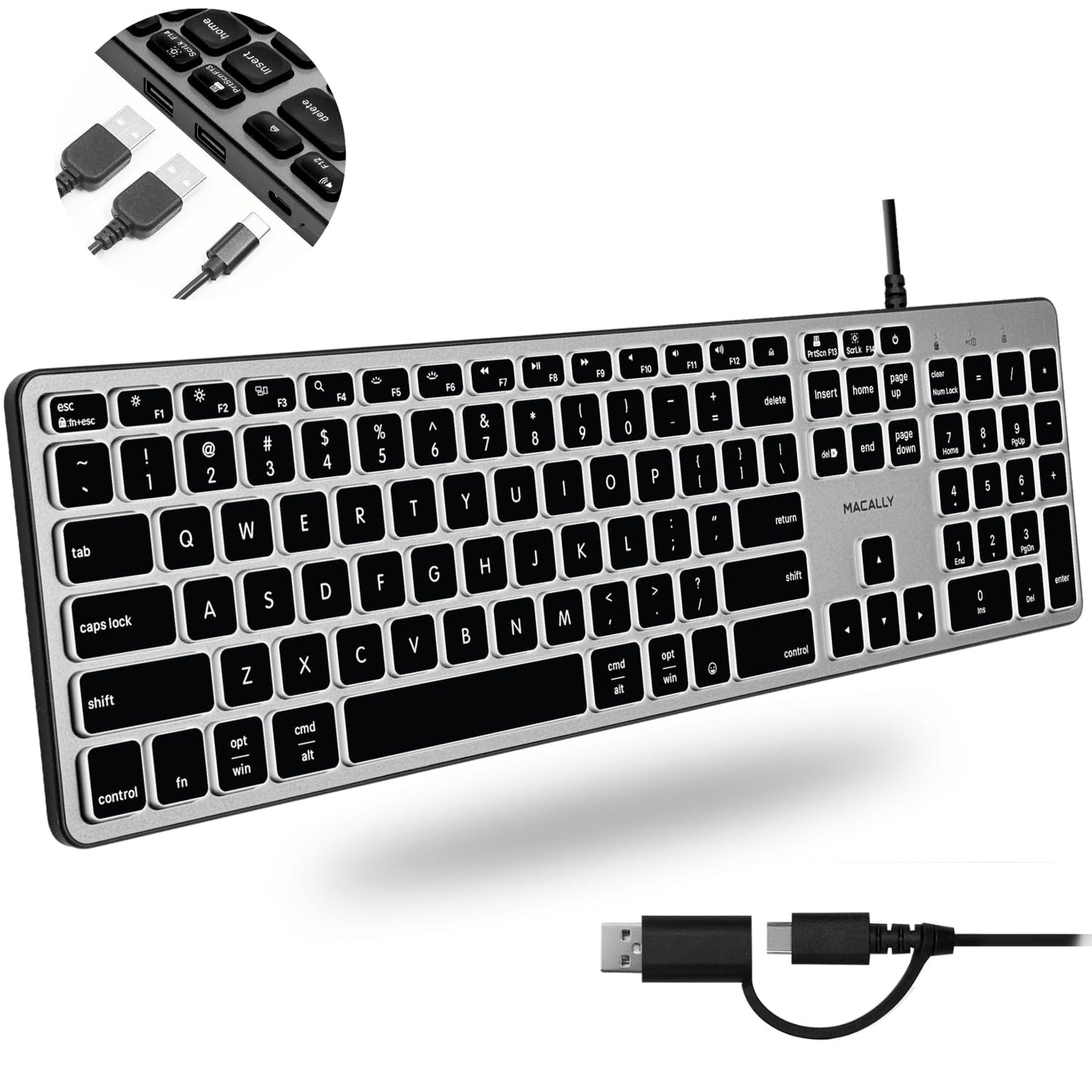 Macally Wired Keyboard for Mac with USB Hub (2X USB-A / 1x USB-C) - Compatible Backlit Apple Keyboard with Dual Interface - Auto OS Detection for Mac