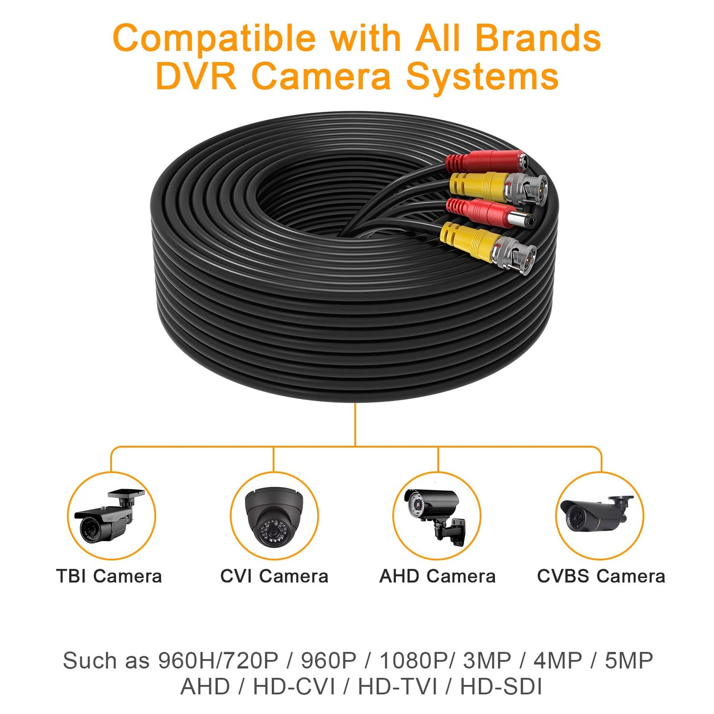 WILDHD 200ft Bnc Cable All-in-One Siamese Video and Power Security Camera Cable, Extension Wire Cord with 2 Female Connectors for All Max 5MP HD CCTV