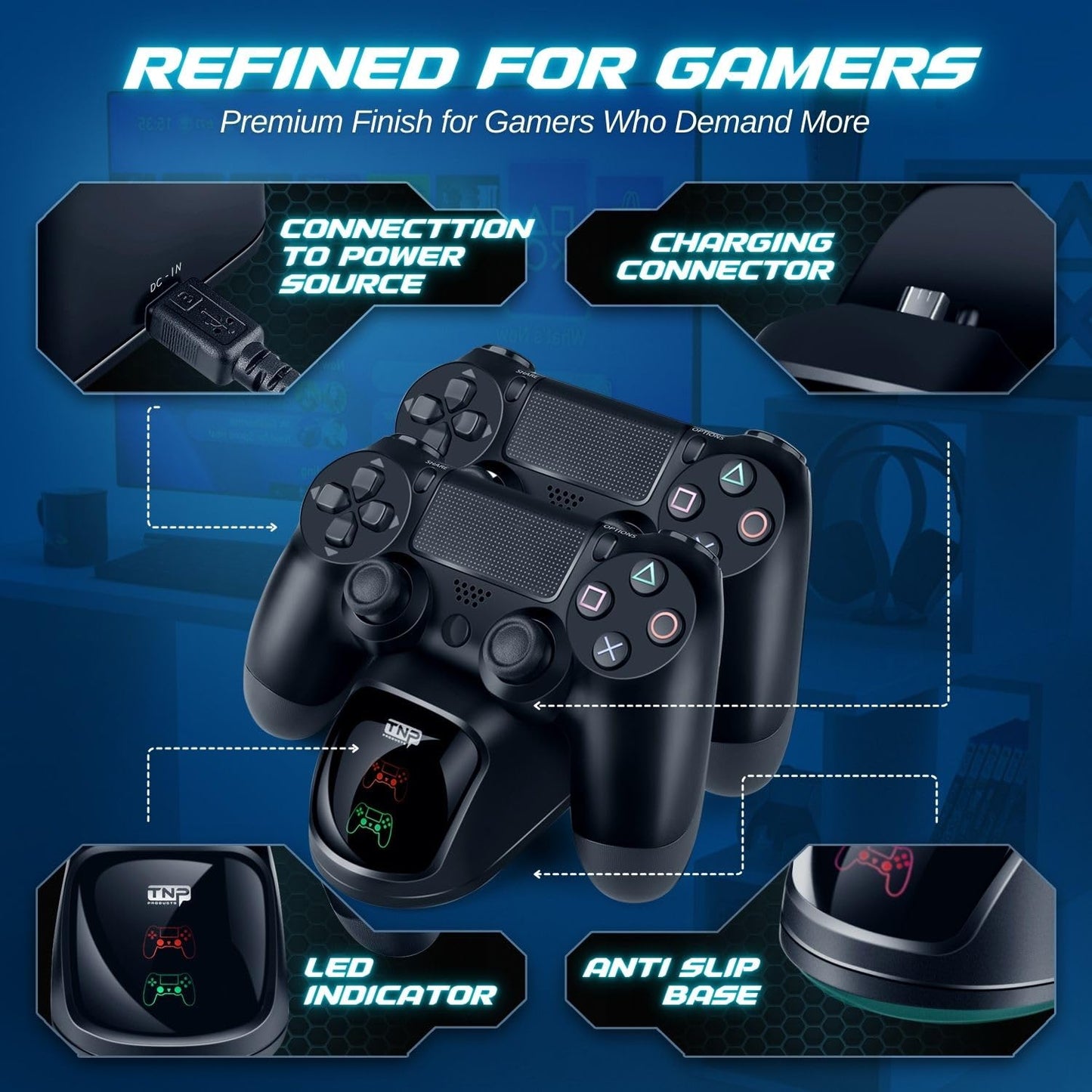 TNP PS4 Controller Charging Station Dock Stand PS-4 Dualshock Control Gamepad USB Port Dual Charger Cradle Base with Cable & LED Indicator for Sony
