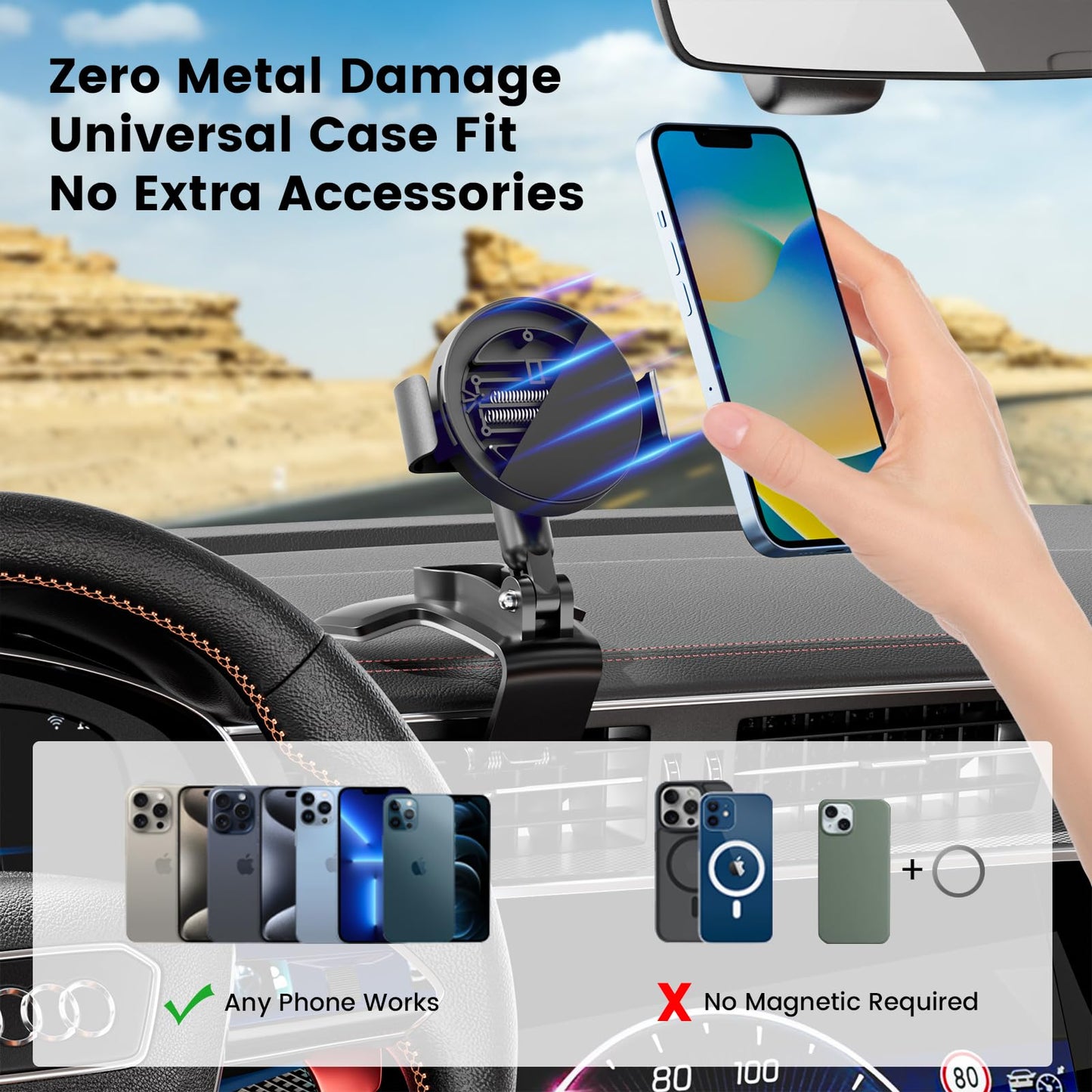 Phone Clamp for Magnetic Car Phone Holder, Aviation Aluminum Black - No Magnetic Case & Rings Needed, Enhanced Suction & Magnetic, Compatible with All