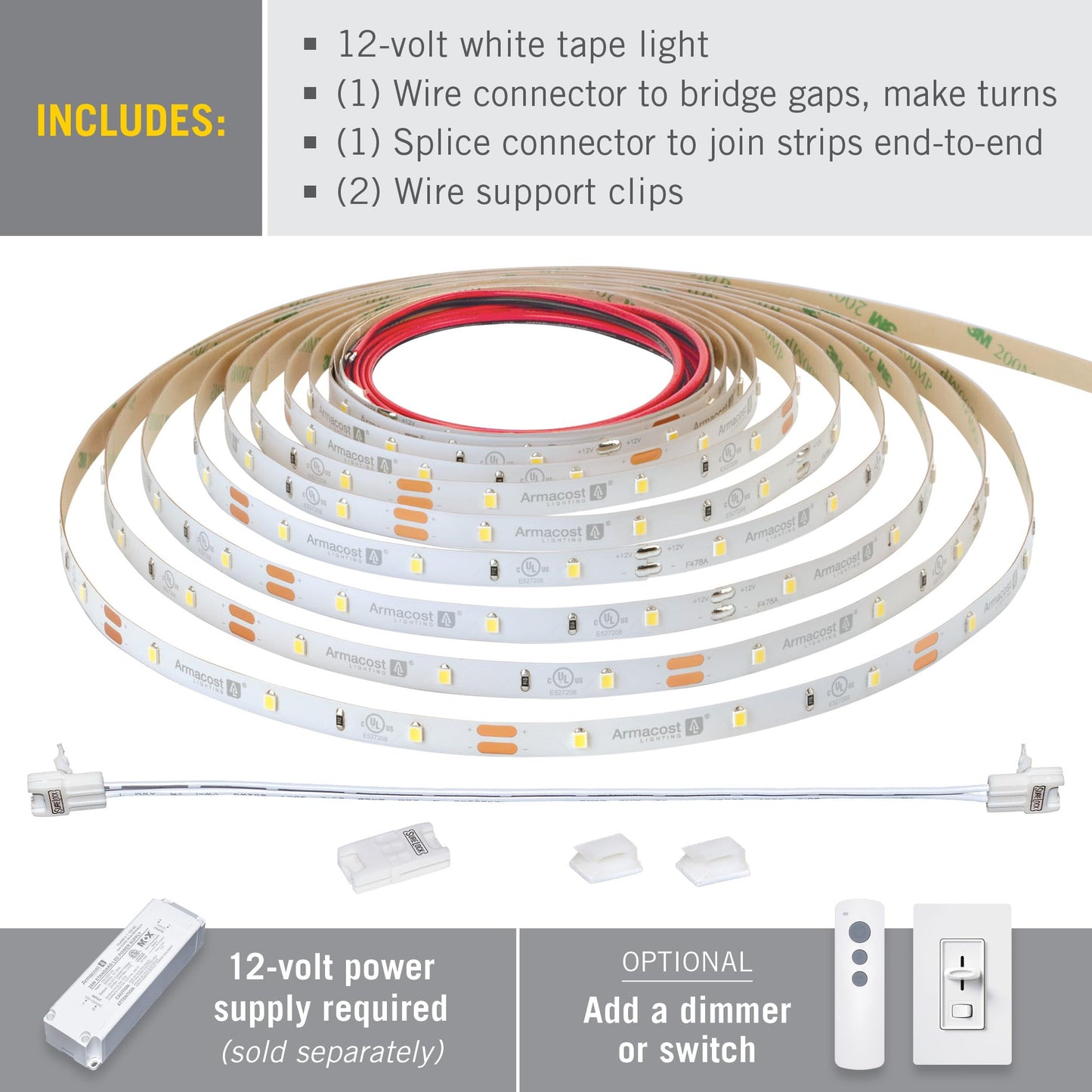 Armacost Lighting RibbonFlex Pro 12V White LED Strip Lights 30 LED/m, 4000K, 32.8 ft 151250