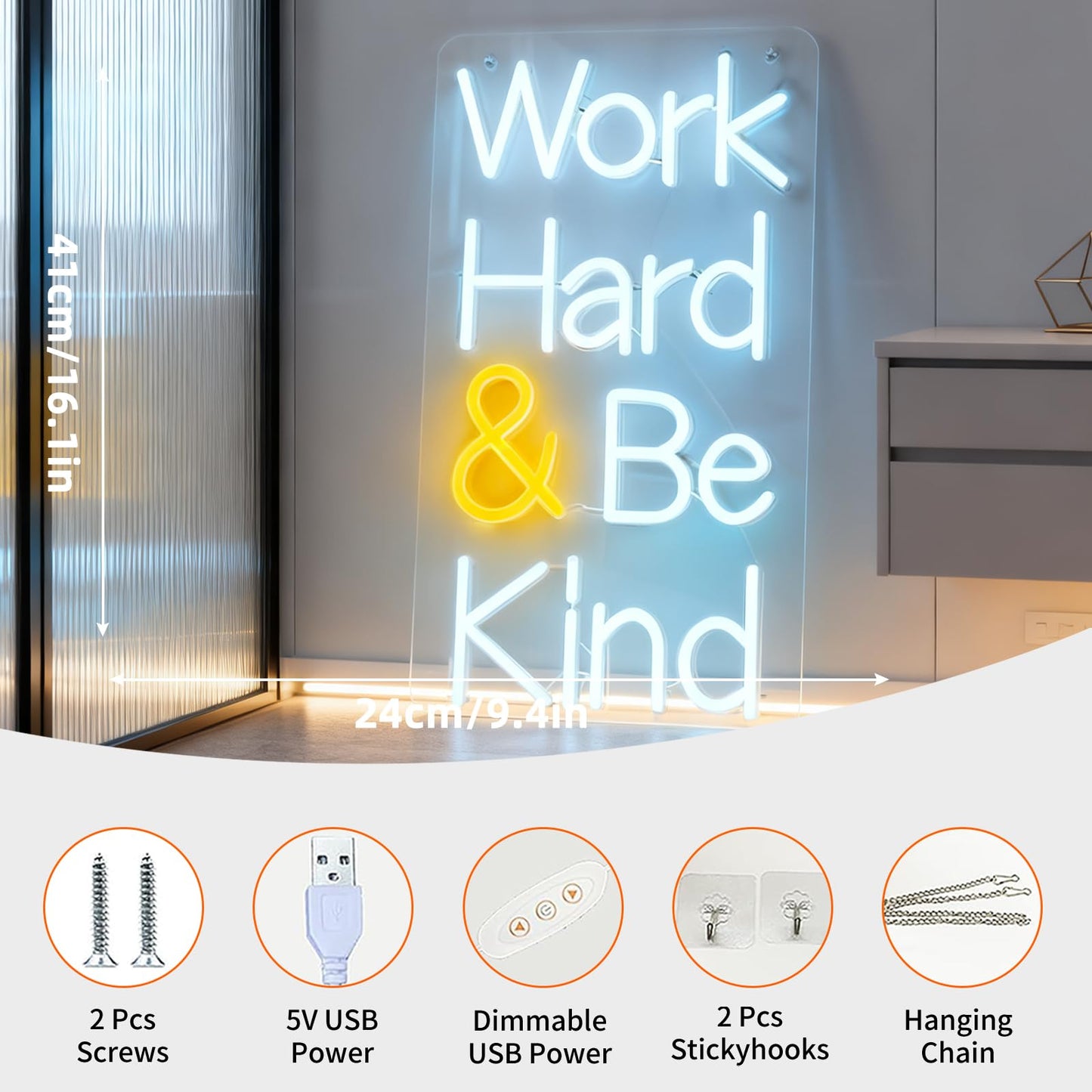 Work Hard Be Kind Neon Sign, Inspirational Quote Light Up Sign, Office Home Bedroom Living Room Workspace Gift Wall Table Decor USB Powered Dimmable