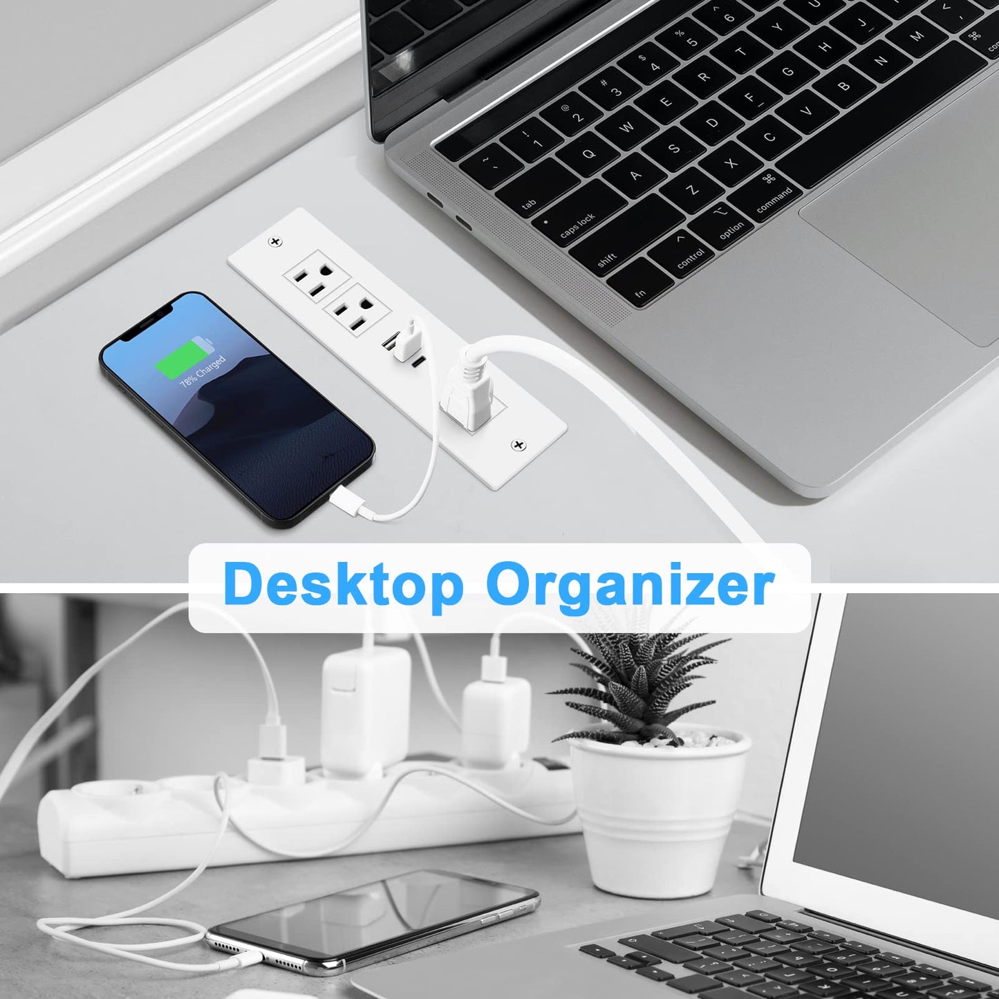 HEZI Recessed Power Strip, Furniture Drawer Outlet with 20W PD USB-C & 18W QC3.0 USB-A, Plug in 3 Outlets & USB Ports, Flush Mount 6FT White Extension