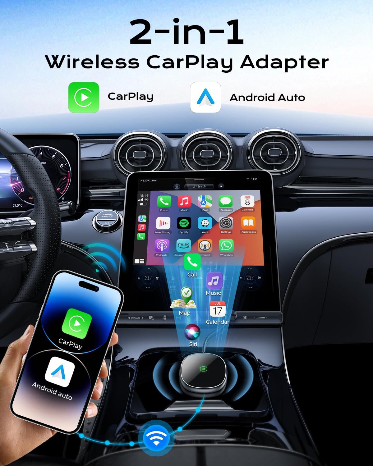 Wireless Carplay Adapter for iPhone & Android Auto 2-in-1, Stable, Plug & Play Low Delay Carplay Wireless Adapter Convert Wired to Wireless Apple Car