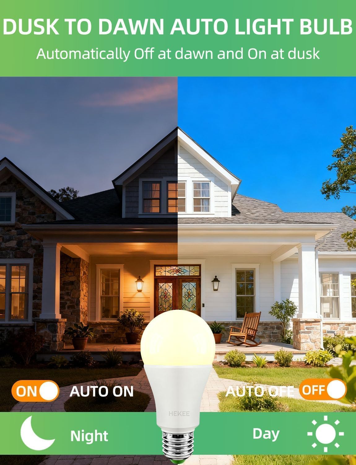 HEKEE Dusk to Dawn Sensor Light Bulbs LED A19 900 Lumens, Outdoor Porch Lights, 60 Watt Equivalent, Warm White 2700K Soft White Security Bulb(Auto