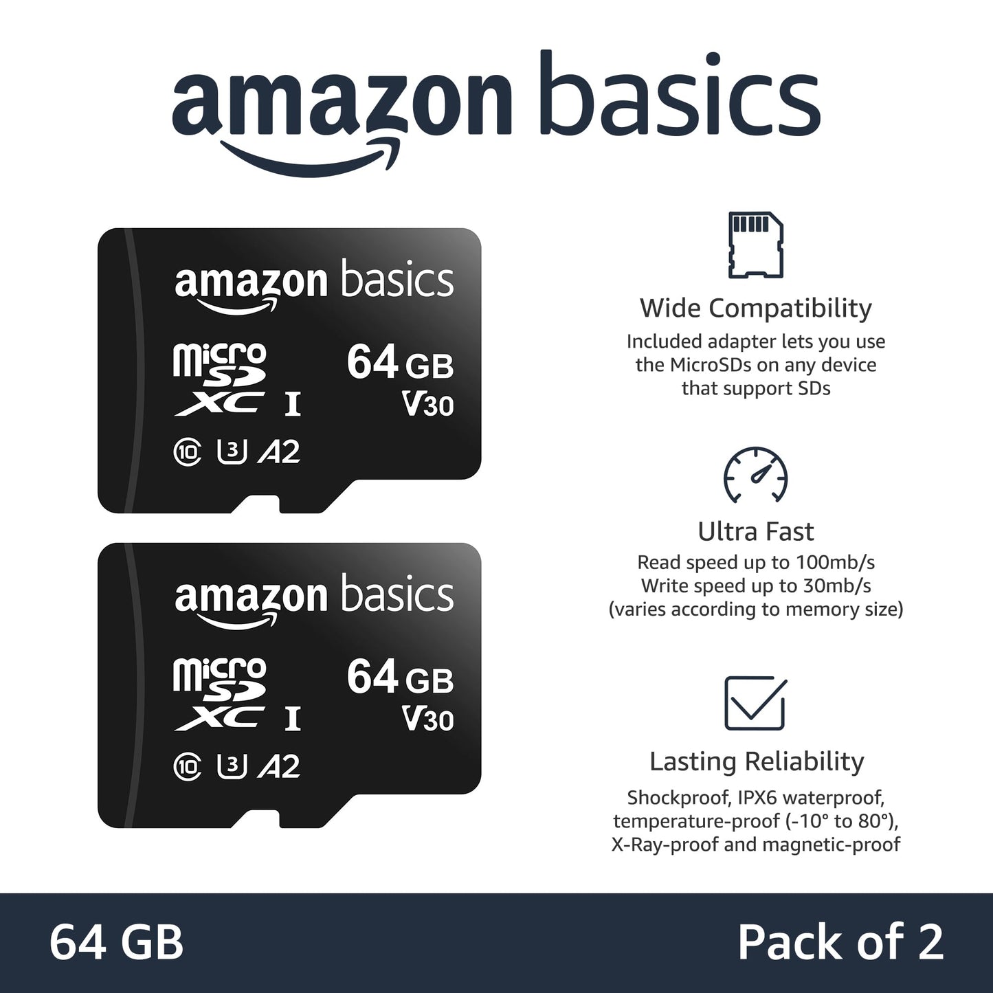 Amazon Basics microSDXC Memory Card with Full Size Adapter, A2, U3, Read Speed up to 100 MB/s, 64GB, Black (2pack)