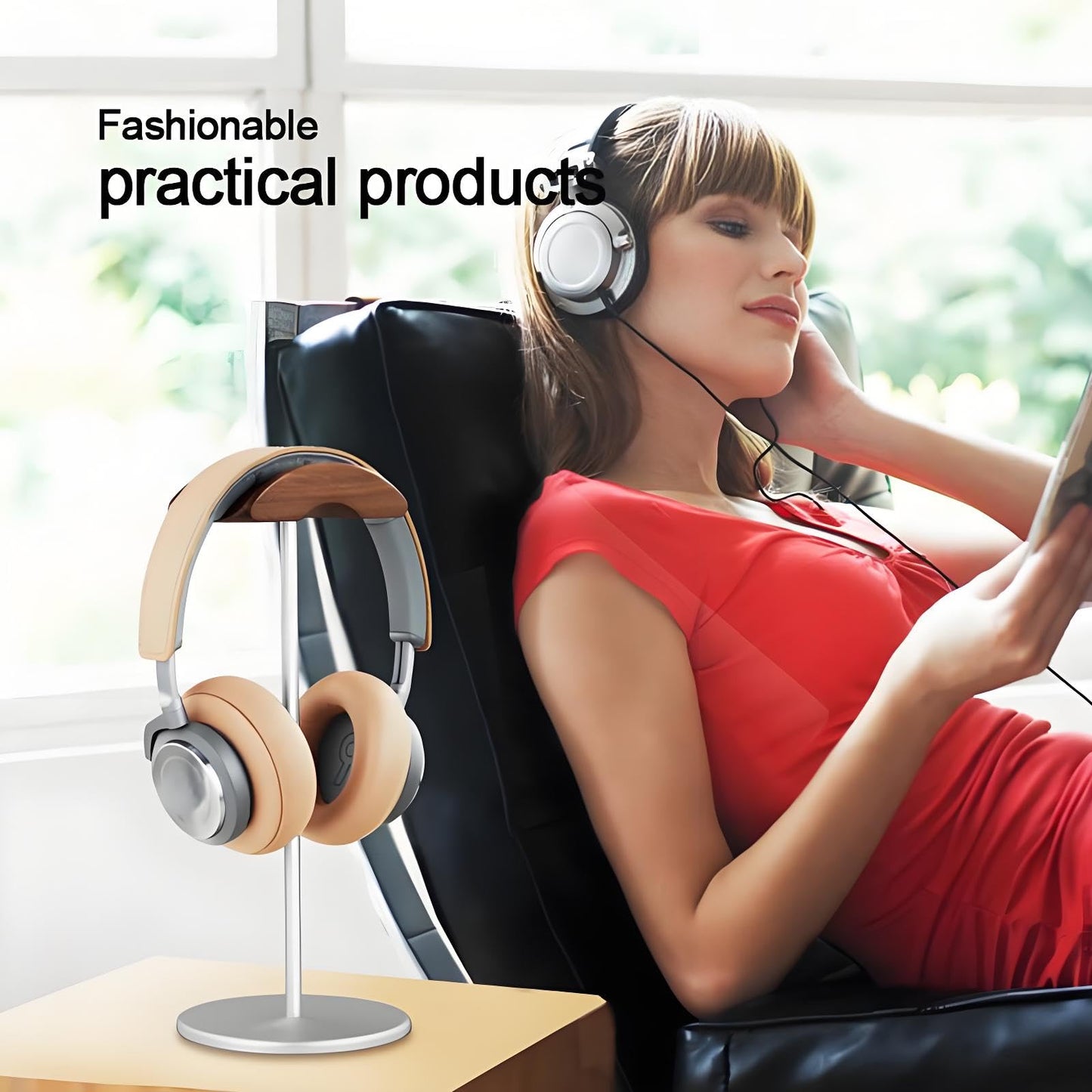 BEVCEFCC Headphone Stand Headset Holder with Wood and Aluminum Desktop Stand for Desk with Solid Heavy Base for All Headphone Sizes (Silver)
