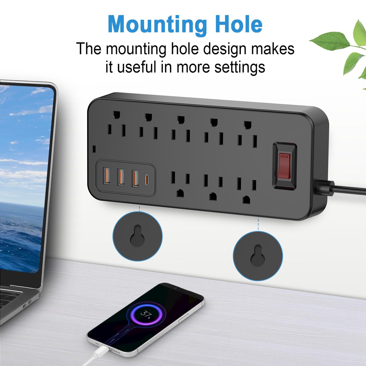 Extension Cord Surge Protector Power Strip - Flat Plug Braided Power Bar with 8 Widely Outlets and 4 USB Ports(1 USB C), Multi Plug Wall Mount Desk