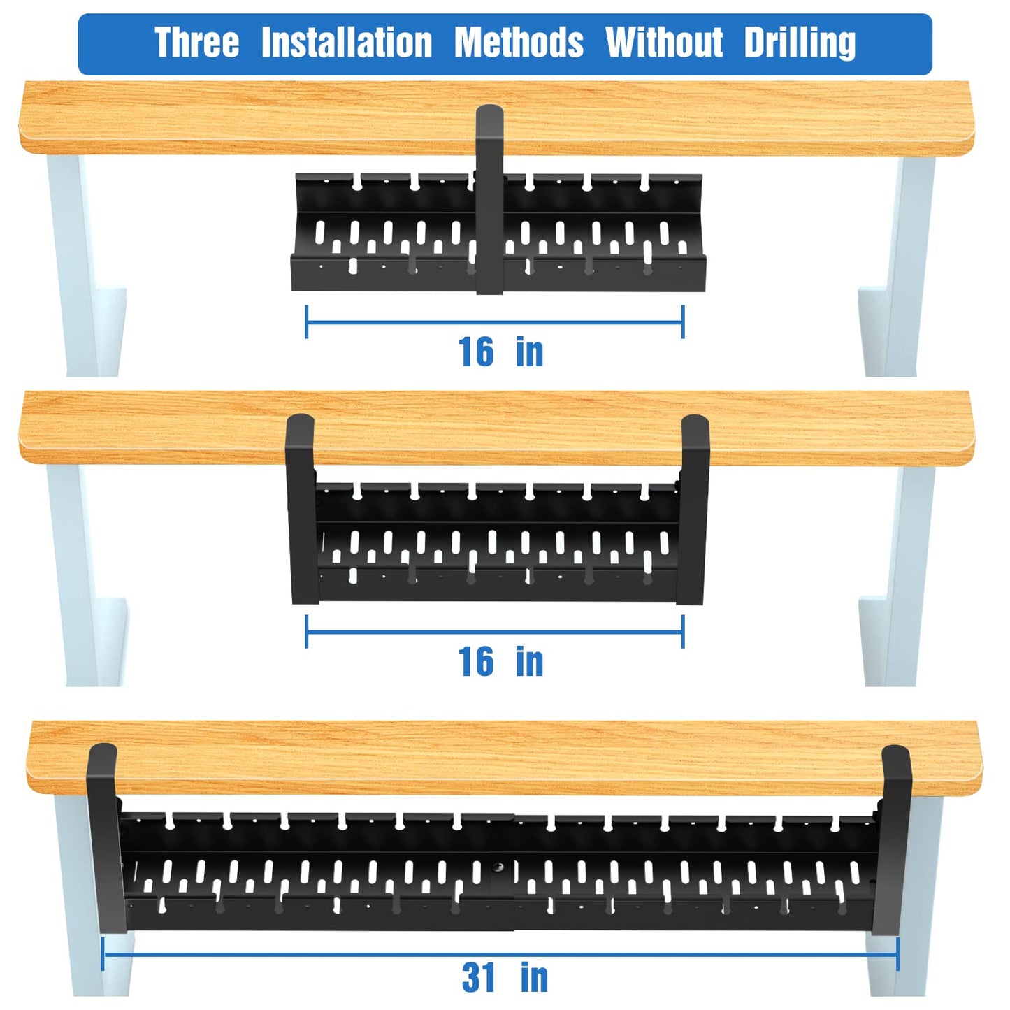 No Drilling Extendable Under Desk Cable Management, Metal Cable Management Tray Under Desk with Clamp, Retractable Power Strip Cord Holder for Wire