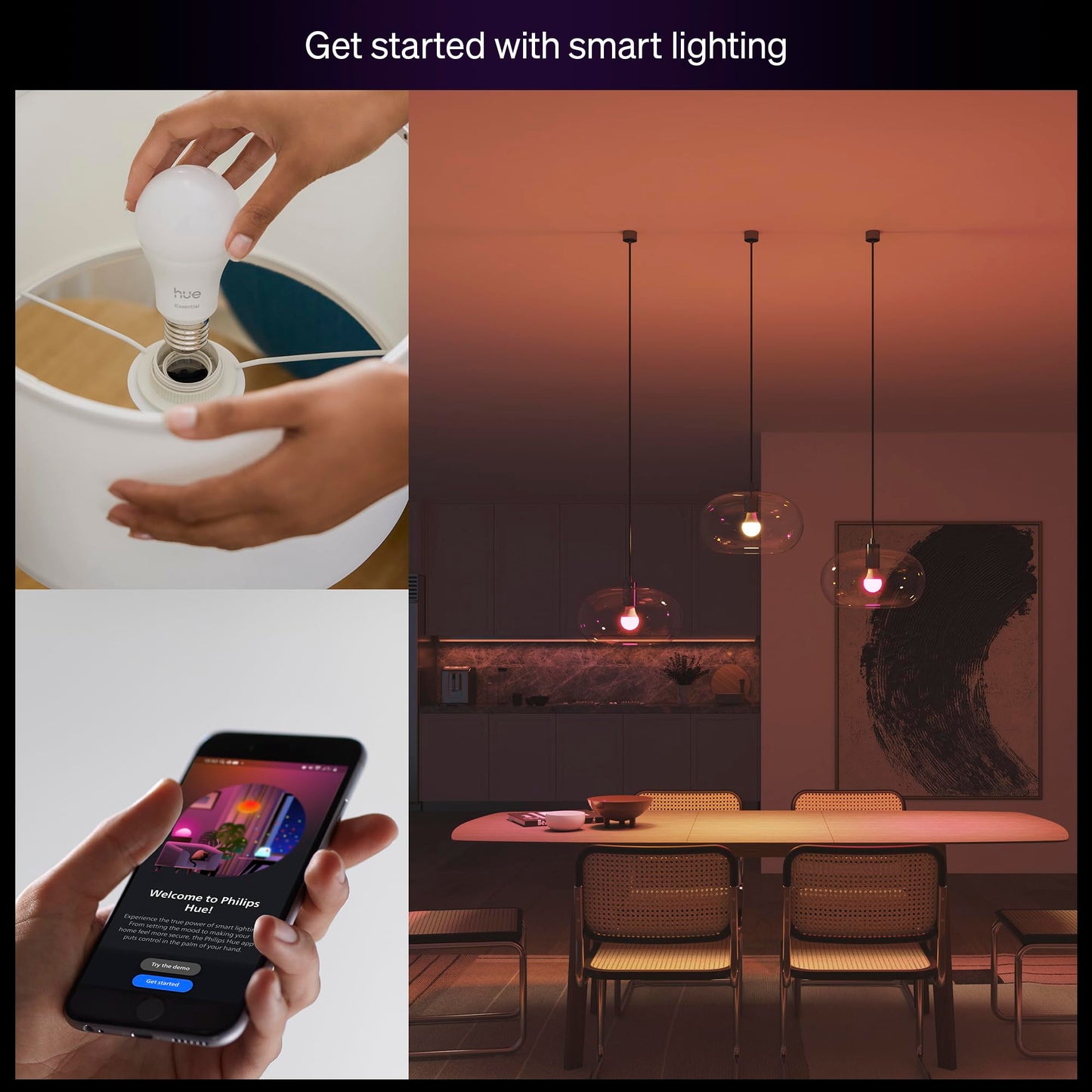 Philips Hue Essential Smart LED A19 Bulb, White and Color Ambiance, E26 Base, 8.8W, 2200K-6500K, 800 Lumens, Dimmable, Works with Alexa, Google,
