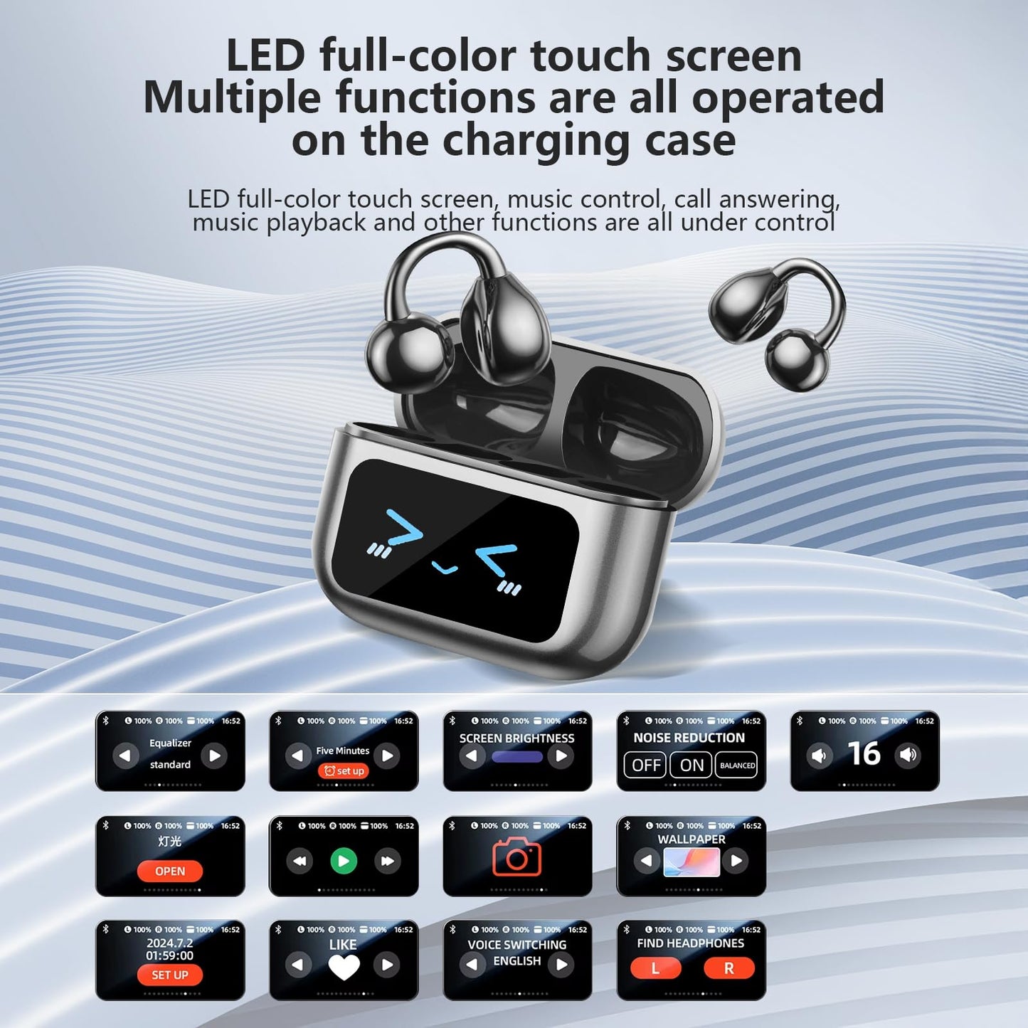 Open Ear Bone conduction Headphones Bluetooth 5.4 Wireless Clip On Earbuds with Digital Display Charging Case 40 Hours Playtime Sport Earphones