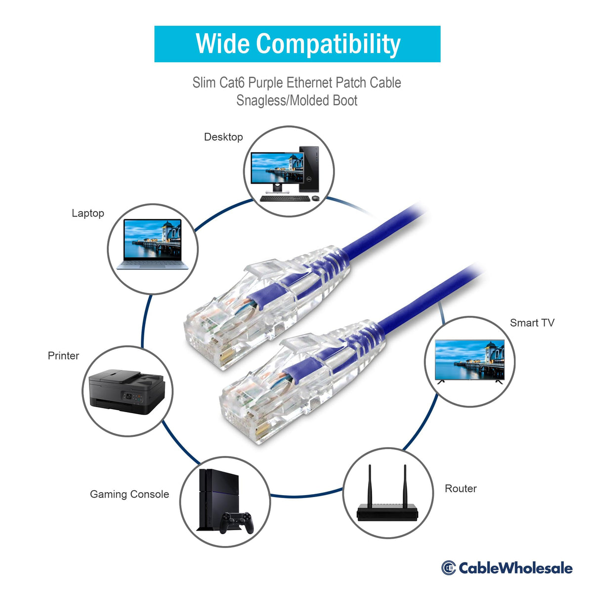 CableWholesale Cat6 Slim UTP Ethernet Cable, 28 AWG, PoE+, 2 ft, Purple
