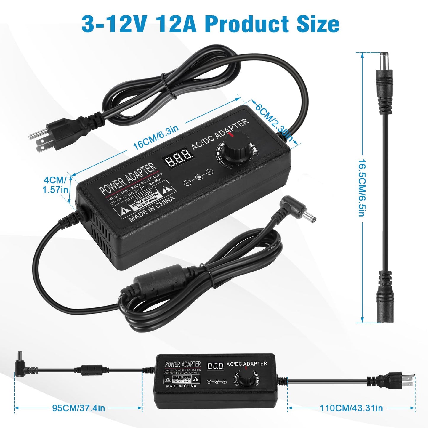 Universal Power Supply Adjustable 3V~12V 12A 144W Variable Switching Power Adapter,3V 4V 5V 6V 7V 8V 9V 10V 11V 12V, Variable DC Power Supply with 14…