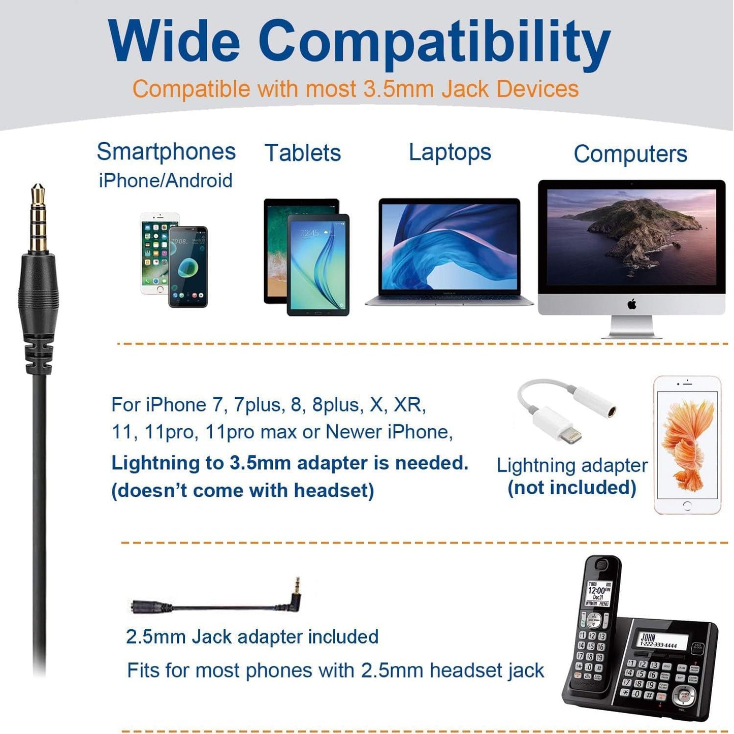 Wantek Phone Headset Wired Computer Headset with Microphone - Noise Cancelling 3.5mm/2.5mm Headphones for PC, Laptop, Mac, iPhone, Samsung