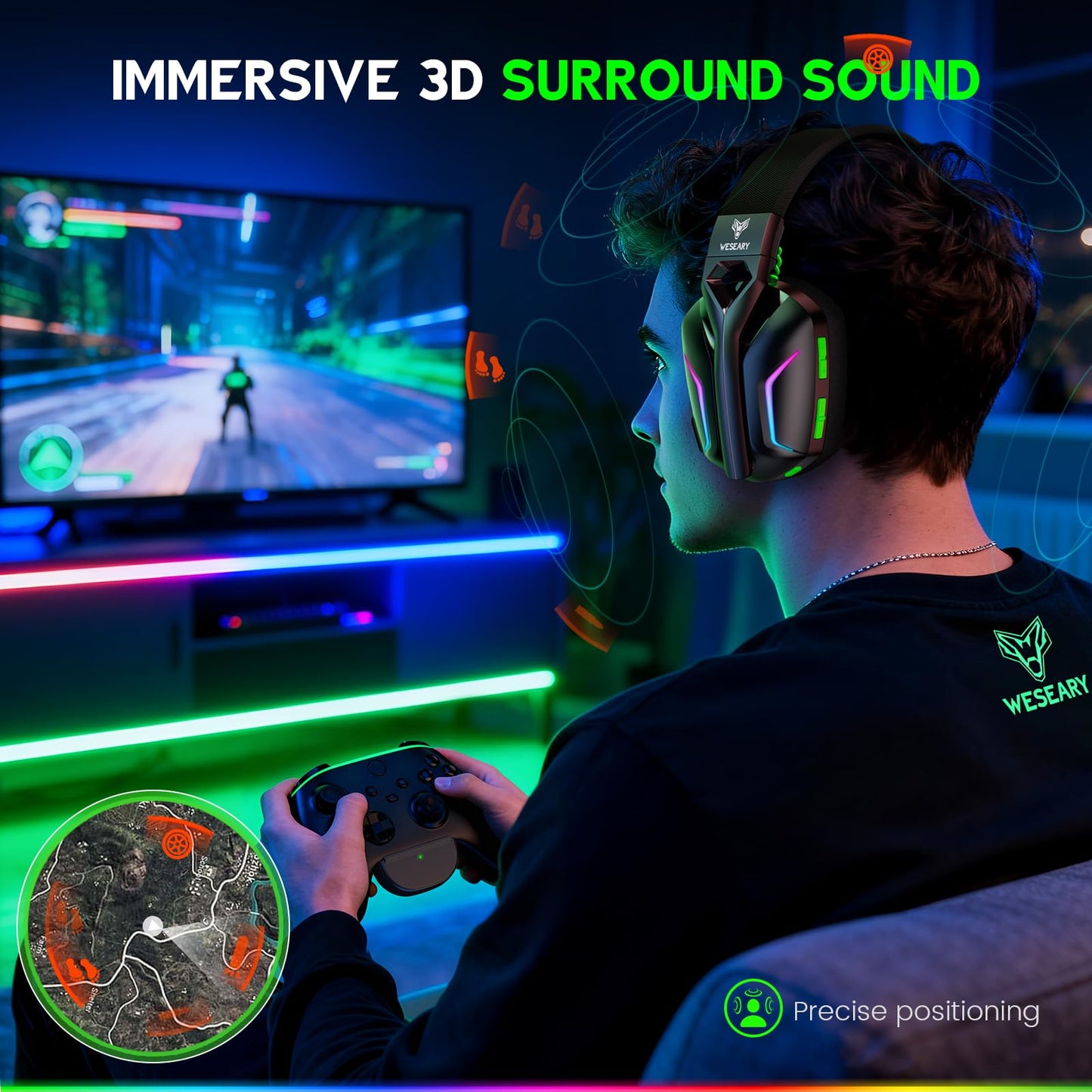 WESEARY Wireless Gaming Headset for Xbox Series X|S, 2.4GHz Ultra-Low Latency Headset with Noise Cancelling Mic for PC, PS5, PS4, Switch, Mac, 3D