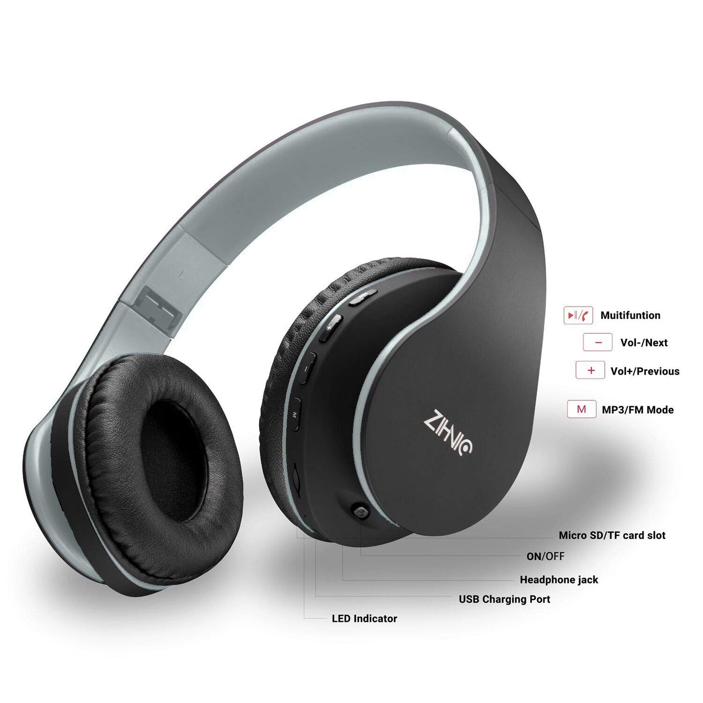 ZIHNIC Bluetooth Headphones Over-Ear, Foldable Wireless and Wired Stereo Headset Micro SD/TF, FM for Cell Phone,PC,Soft Earmuffs &Light Weight…