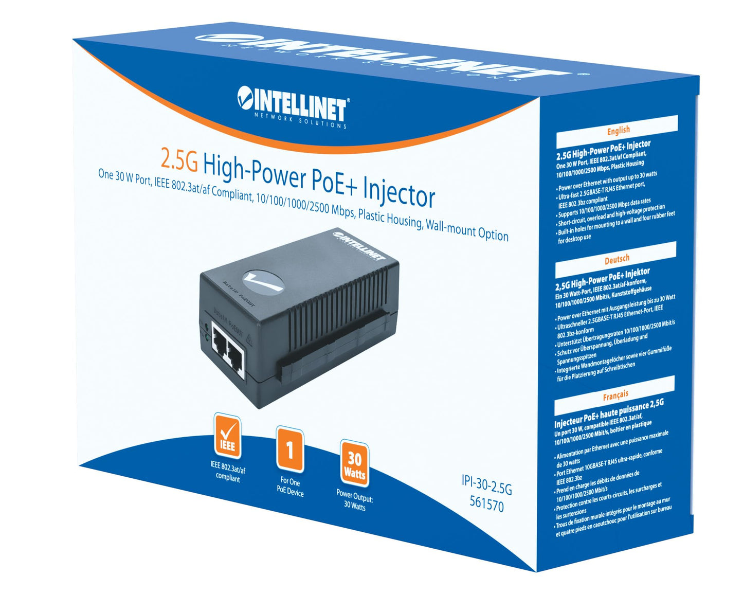 Intellinet 2.5G PoE+ Injector, 30W, IEEE 802.3at/af, Wall Mountable