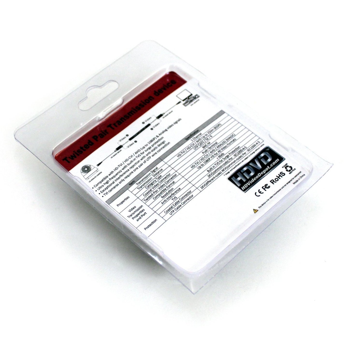 HDVD Surge-Protected 1 Pair HD-CVI/HD-TVI/AHD/Analog Hybrid Passive Balun - Video-only: Coax to Twisted Pair with Push-Pin Terminal