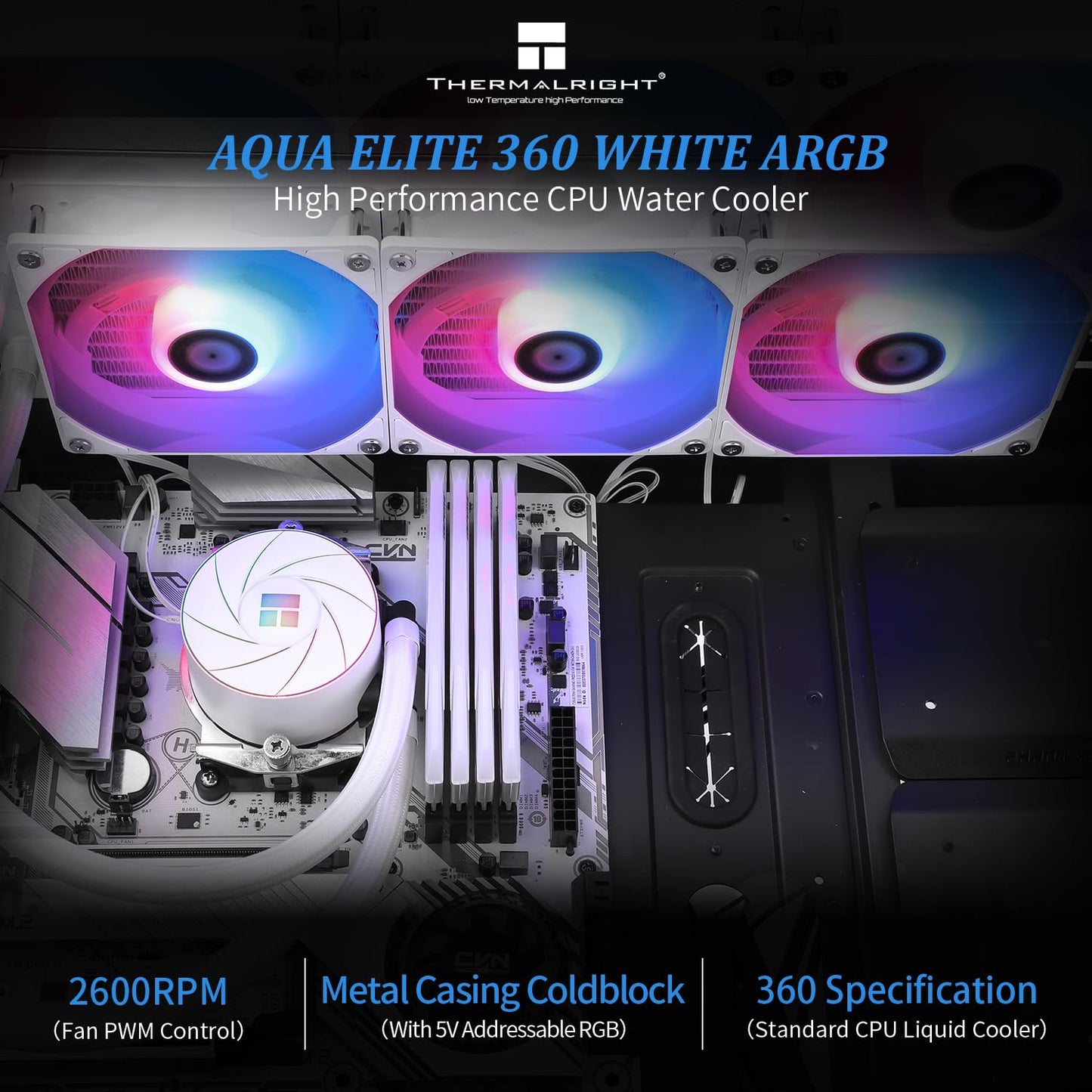 Thermalright Aqua Elite 360 White ARGB CPU Water Cooler, with 3 PWM Fans ARGB, 1550RPM Speed,for AMD/AM4/AM5, Intel