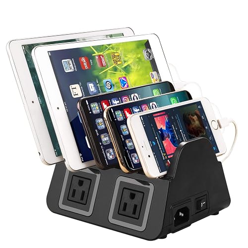 UDOLI 5 USB Ports Charging Station Organizer for Multiple Devices Fast Charging Desktop Stand for Apple Android Phone Tablet 1600W 2 AC Power Outlets