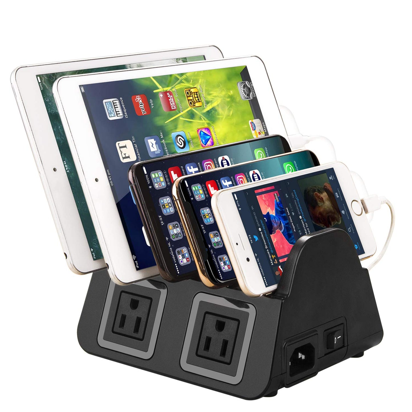 UDOLI 5 USB Ports Charging Station Organizer for Multiple Devices Fast Charging Desktop Stand for Apple Android Phone Tablet 1600W 2 AC Power Outlets