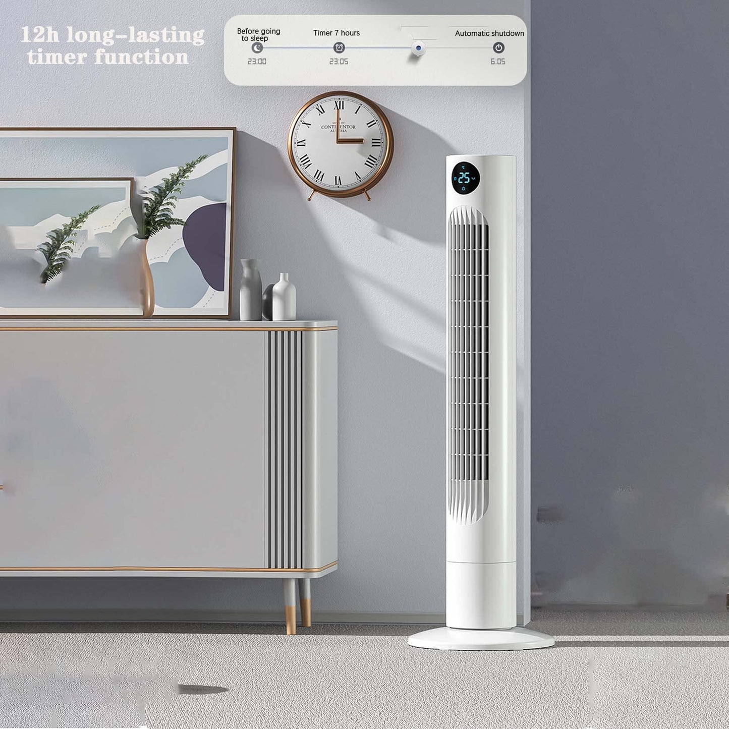 BNE Tower Fan with Remote Control, Silent Bladeless Cooling Fan, 3 Modes, LED Display with Touch Control, 12H Timer, Vertical Floor Fan for Home