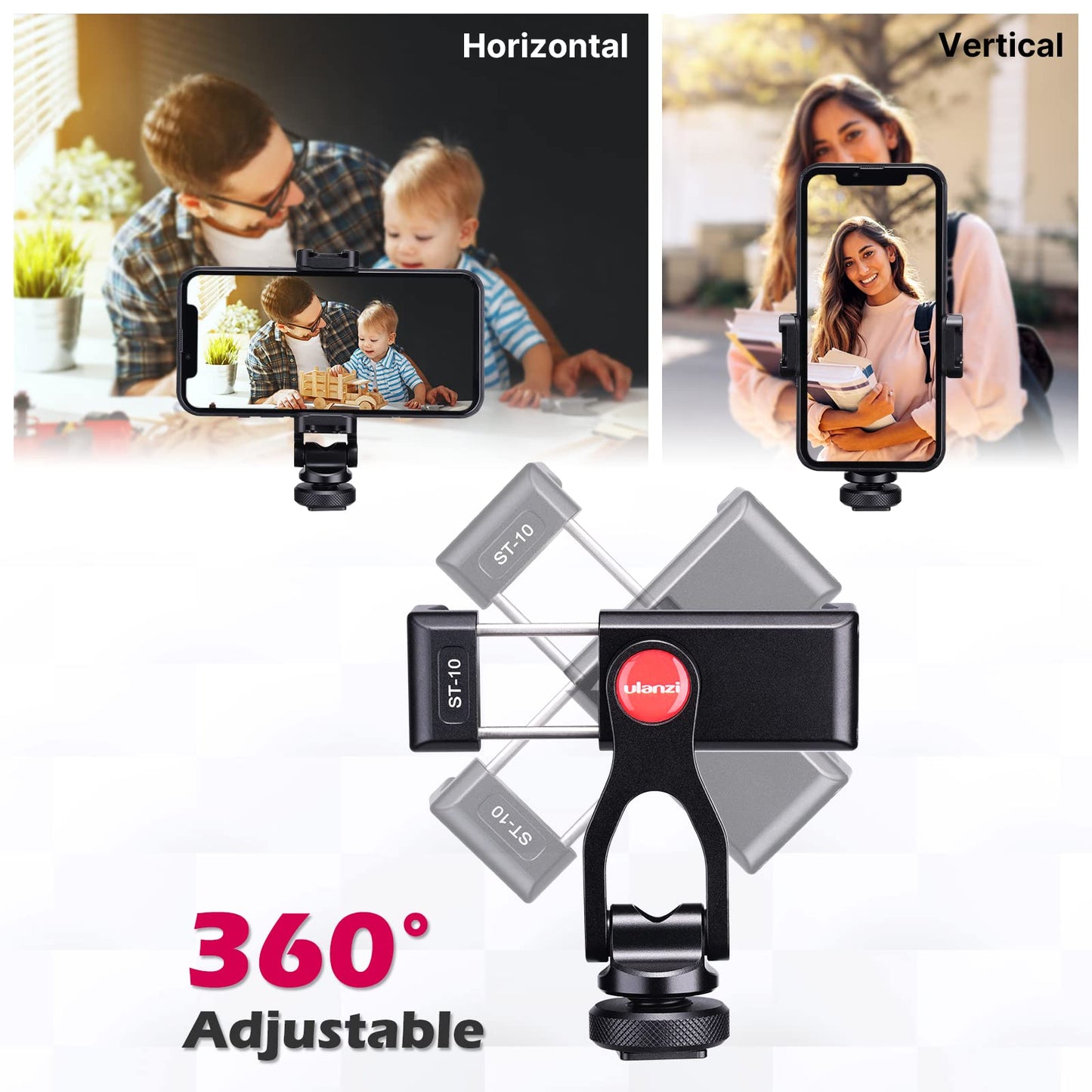 ULANZI Metal Phone Tripod Mount ST-10, Universal 360° Smartphone Adapter with 2 Cold Shoe Mount, Adjustable Cell Phone Clamp Stand Holder, Compatible