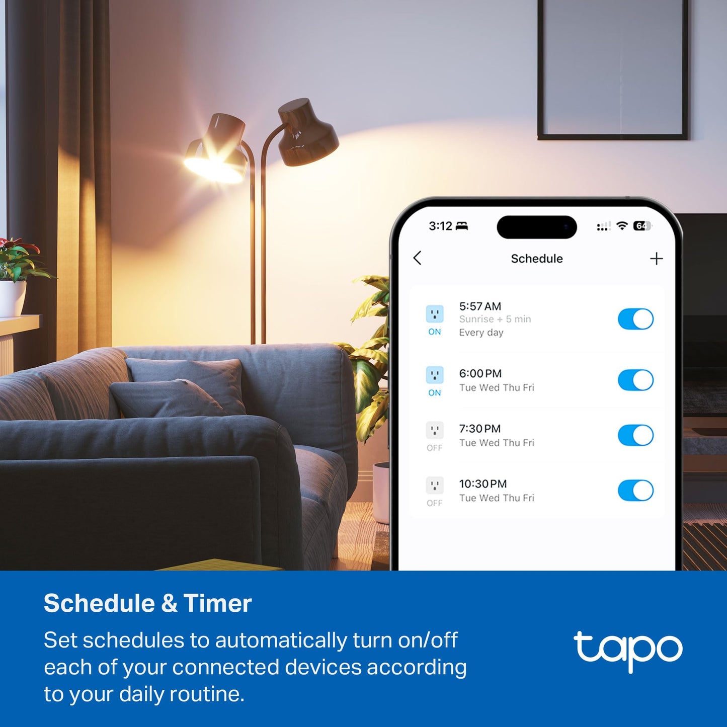 Tapo Smart Wi-Fi Power Strip - Matter Compatible, Energy Monitoring, Surge Protection, 6 Individually Controlled Outlets & 3 USB Ports, Works