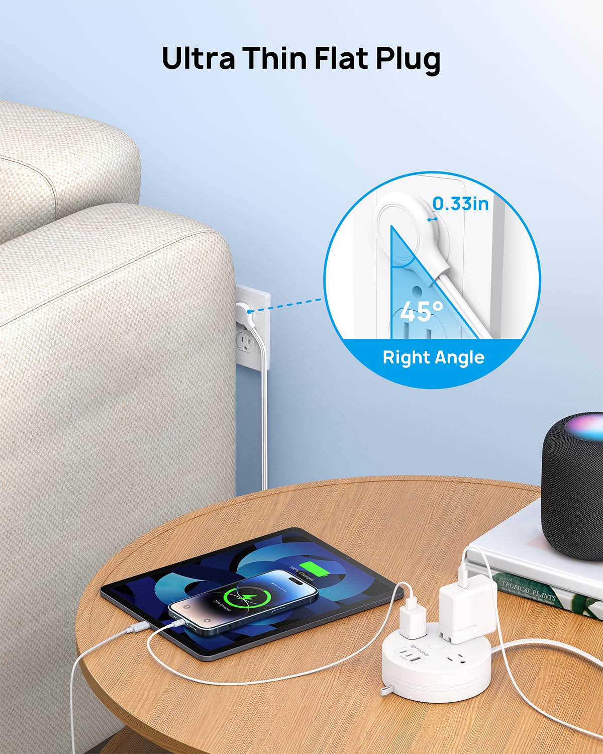 TROND Travel Power Strip - Retractable Extension Cord 5ft Ultra Thin Flat Plug, Retractable Power Strip with 3 AC Outlets 3 USB Ports (2 USB C)