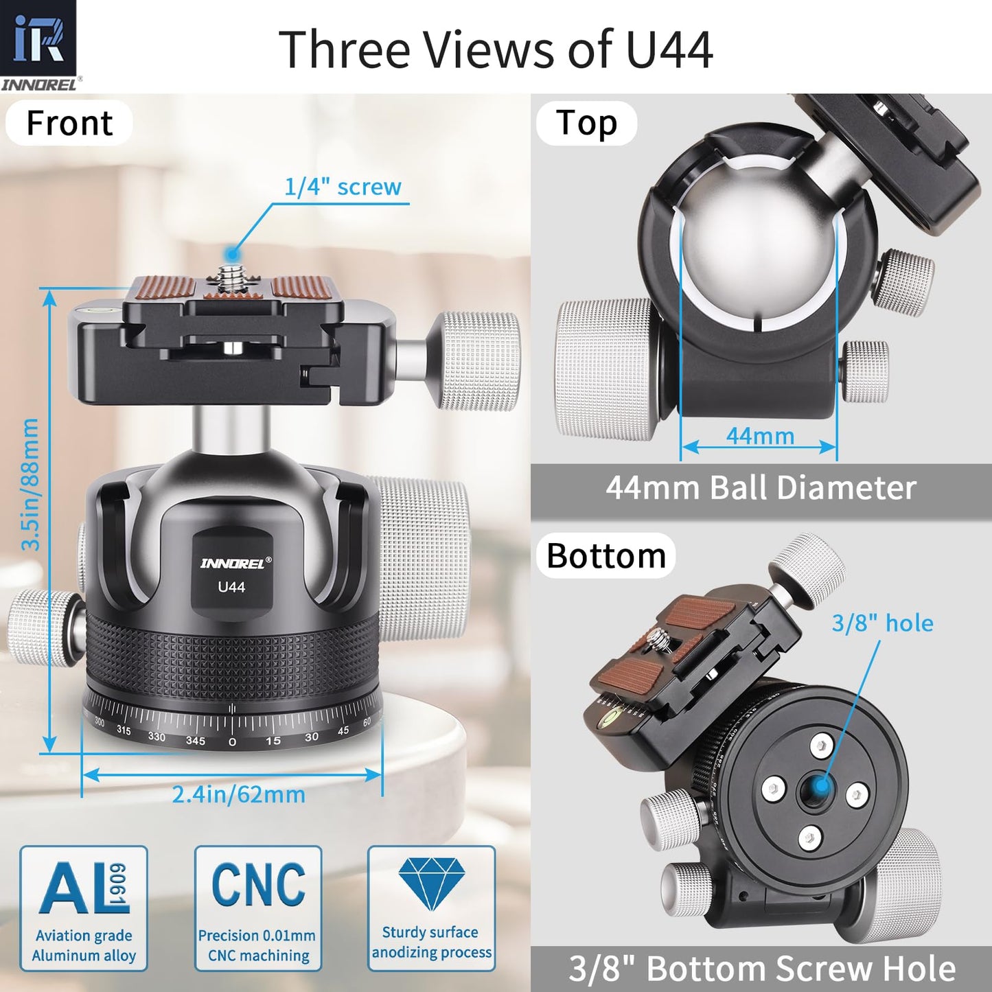INNOREL 44mm Low Profile Camera Tripod Ball Head, CNC Metal Heavy Duty 360 Panoramic Tripod Head Compatible with Two Arca 1/4" Quick Release Plates