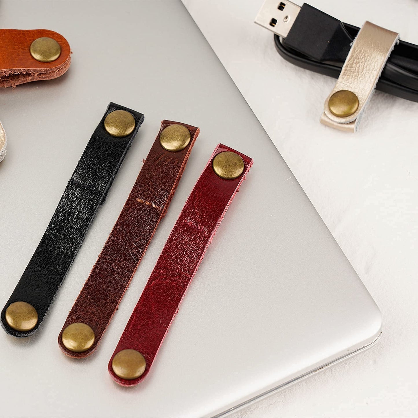 20 Pack Leather Cable Straps Cord Organizers Leather Cable Ties Cord Snap On Cable Holders Keepers For Travel, USB Charging Cable Management Winder